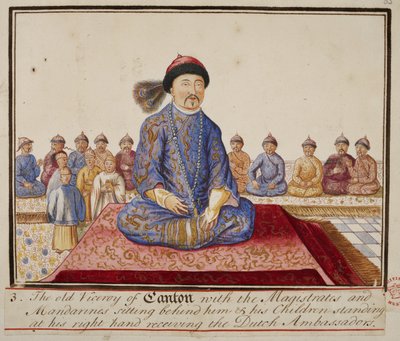 Agregar. 5353, f.65 El virrey de Cantón con magistrados y mandarines, sus hijos de pie a su derecha recibiendo a los embajadores holandeses, de 