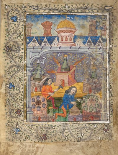 Agregue MS 10302 f.37v f. 1r Siete hornos con alambiques, atendidos por dos hombres, bajo un techo con cúpula y chimeneas, c.1477 (vitela) de English School