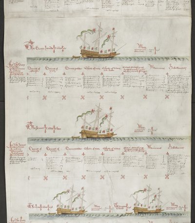 Agregue MS 22047 f.6r Galleasses: The Greyhound, The Jennet, The Lion and The Dragon, de 