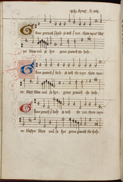 Añadir MS 31922, f. 37v, ‘Green Groweth the Holly’ de Enrique VIII (vitela) de English School