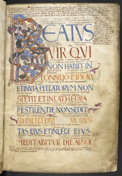 Añadir MS 37517, f. 4r, La inicial de Beato (Beatus vir), que comienza el libro de los Salmos del 