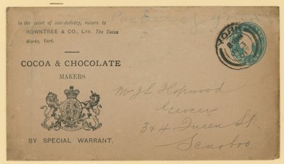 Etiqueta de dirección de Rowntree & Co, The Cocoa Works, York de English School