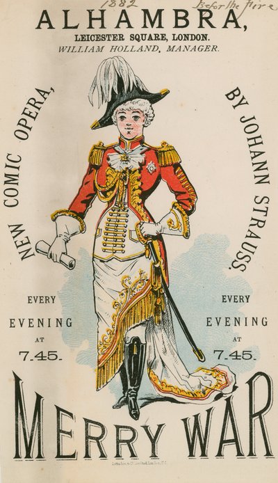 Anuncio para The Alhambra, Leicester Square, Londres, para Merry War, una nueva ópera cómica de Johann Strauss de English School