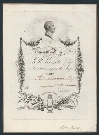 Boleto de admisión para la cena de despedida de John Kemble del escenario, 1819 de English School