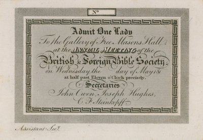 Entrada para la Sociedad Bíblica Extranjera Anual en el Salón de los Masones de English School