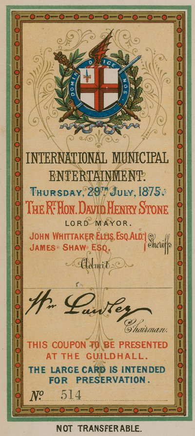 Entrada a Entretenimiento Municipal Internacional en el Guildhall, Londres, el 29 de julio de 1875 de English School