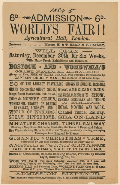 Admisión a la Feria Mundial, Salón Agrícola, Islington, 1884-85 de English School