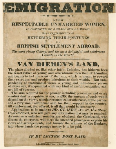 Anuncio relacionado con la emigración de mujeres jóvenes a la Tierra de Van Diemen de English School