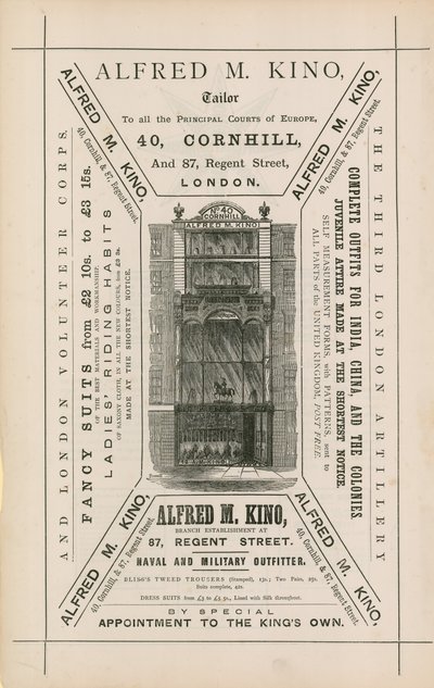 Anuncio de Alfred M Kino, sastre, 40 Cornhill y 87 Regent Street, Londres de English School