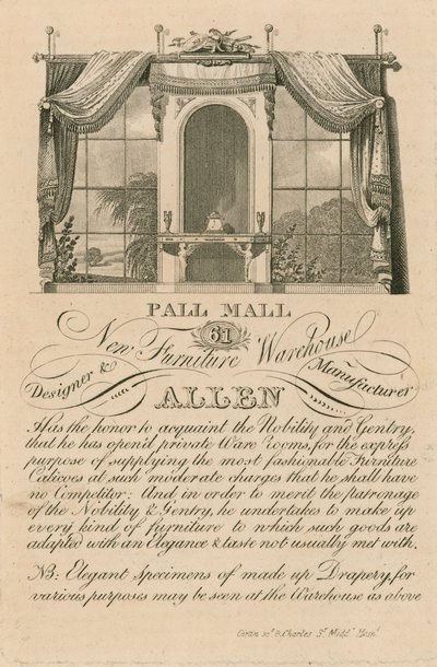 Anuncio del nuevo almacén de muebles de Allen, 61 Pall Mall, Londres de English School
