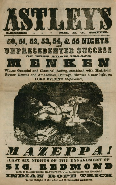 Anuncio del Anfiteatro de Astley, Londres, con Mazeppa, protagonizada por Adah Isaacs Menken de English School