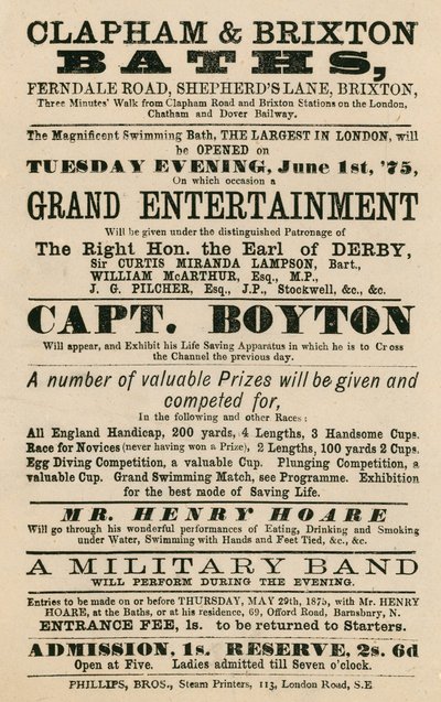 Anuncio para los baños de Clapham y Brixton, Ferndale Road, Shepherds Lane, Brixton, Londres; con el Capitán Boyton de English School