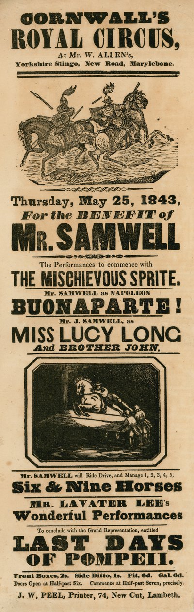 Anuncio del Circo Real de Cornwall, Yorkshire Stinge, New Road, Marylebone, Londres de English School