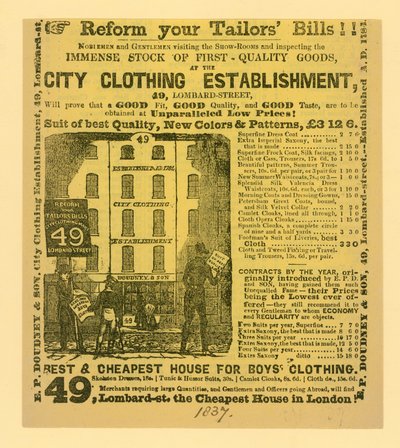 Anuncio de Doudney & Son, Establecimiento de Ropa de la Ciudad, 49 Lombard Street, Londres de English School