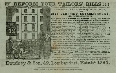 Anuncio de Doudney & Son, Establecimiento de Ropa de la Ciudad, 49 Lombard Street, Londres de English School