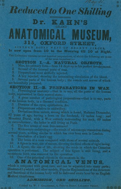 Anuncio del Museo Anatómico del Dr. Khan de English School