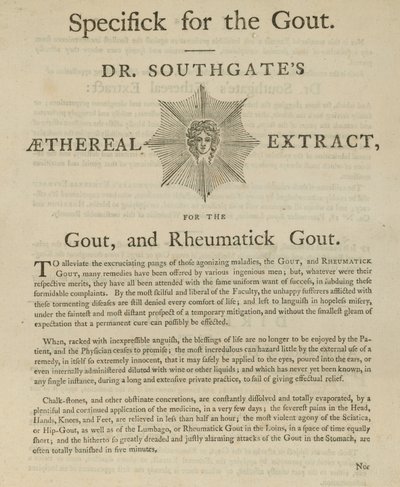 Anuncio del extracto etéreo del Dr. Southgate para la gota y la gota reumática de English School