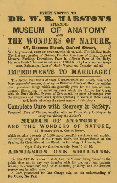 Anuncio del Museo de Anatomía y las Maravillas de la Naturaleza del Dr. W B Marston de English School