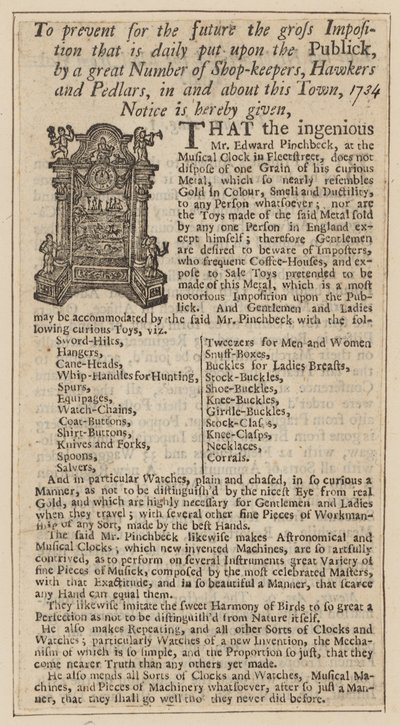 Anuncio de Edward Pinchbeck, Reloj Musical, Fleet Street, Londres, desde 1734 de English School