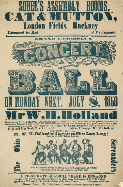 Anuncio del Gran Concierto y Baile Etíope, 8 de julio de 1850, en las Salas de Asamblea de Sobees de English School