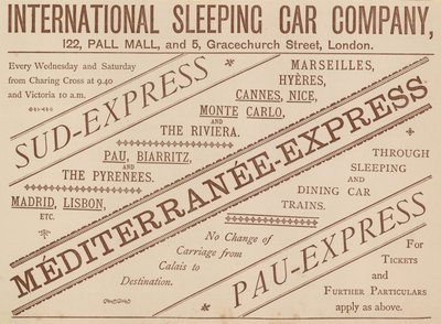 Anuncio de la Compañía Internacional de Coche Cama, 122 Pall Mall y 5 Graceshurch Street, 1888 de English School