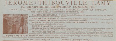 Anuncio de Jerome Thibouville-Lamy, 10 Charterhouse Street, Londres, fabricante de instrumentos de English School