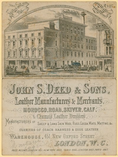 Anuncio de John S Deed & Sons, fabricantes y comerciantes de cuero, 451 New Oxford Street, Londres de English School
