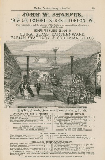Anuncio de John W Sharpus, diseños modernos y clásicos en porcelana, vidrio, loza, estatuaria de parian y vidrio bohemio de English School