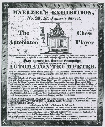 Anuncio de la Exposición de Maelzel, 29 St Jamess Street de English School