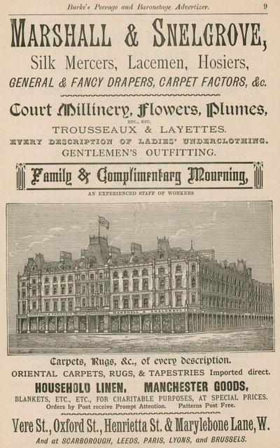 Anuncio de Marshall & Snelgrove, Merceros de Seda, Encajeros, Hosieros de English School