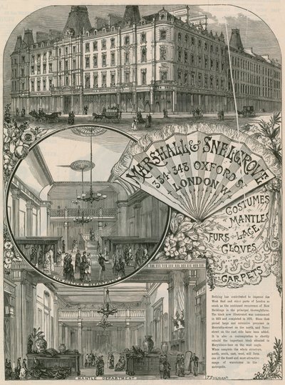 Anuncio de Marshall & Snelgrove, Merceros de Seda, Encajeros, Hosieros, de Vere Street, Oxford Street, Londres de English School