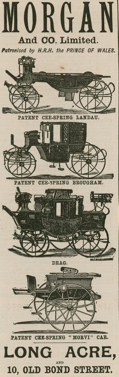 Anuncio de Morgan & Co Ltd, fabricantes de carruajes, Long Acre y 10 Old Bond Street, Londres de English School