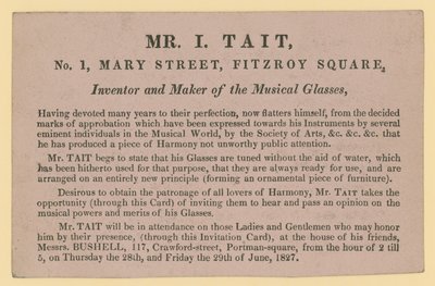 Anuncio de Mr. I Tait, inventor y fabricante de los vasos musicales de English School