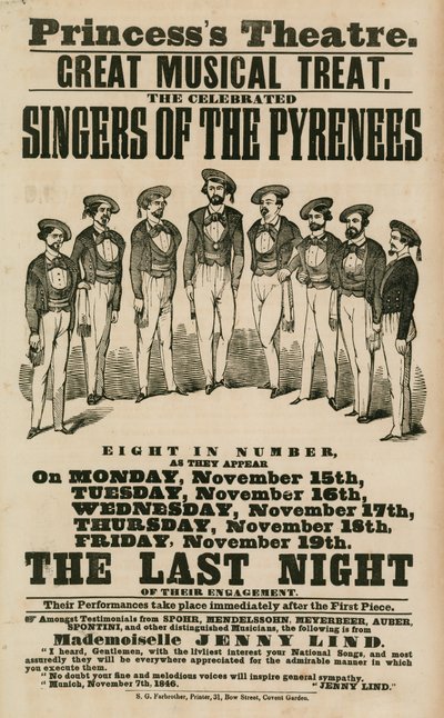Anuncio del Teatro Princess, Londres, con los cantantes de los Pirineos de English School