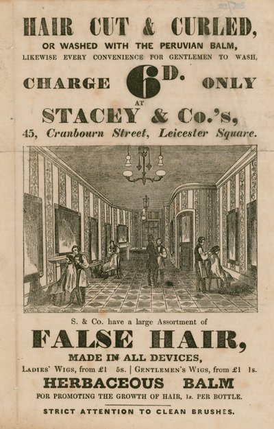 Anuncio de Stacey & Co., 45 Cranbourne Street, Leicester Square, Londres, peluqueros de English School