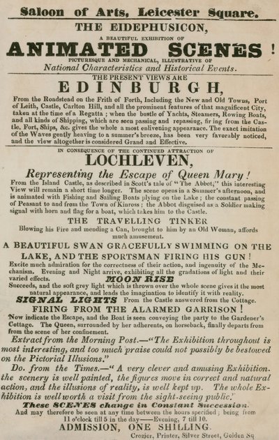 Anuncio de The Eidephusicon, una exhibición de escenas animadas, pintorescas y mecánicas de English School