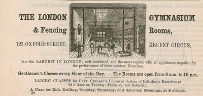 Anuncio del Gimnasio y Salas de Esgrima de Londres, 123 Oxford Street, Regent Circus de English School