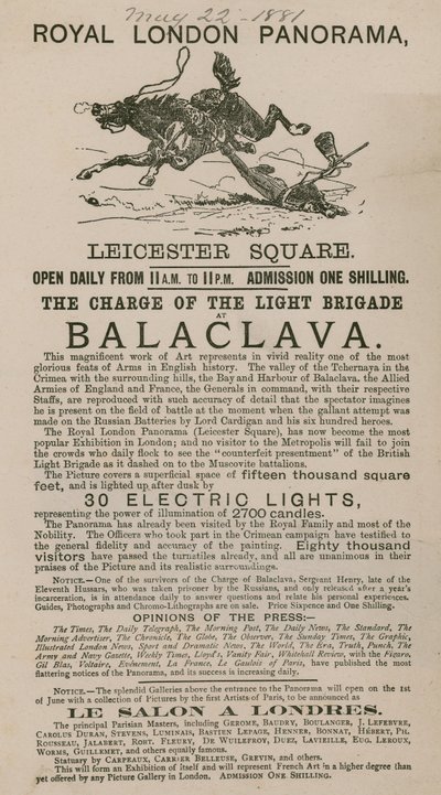 Anuncio del Real Panorama de Londres con la Carga de la Brigada Ligera en Balaclava de English School