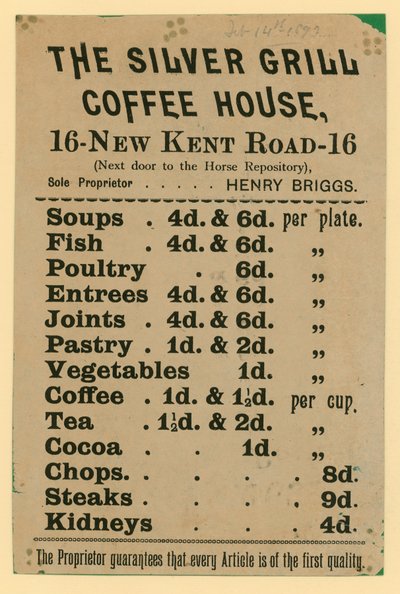 Anuncio para The Silver Grill Coffee House, 16 New Kent Road, Londres de English School