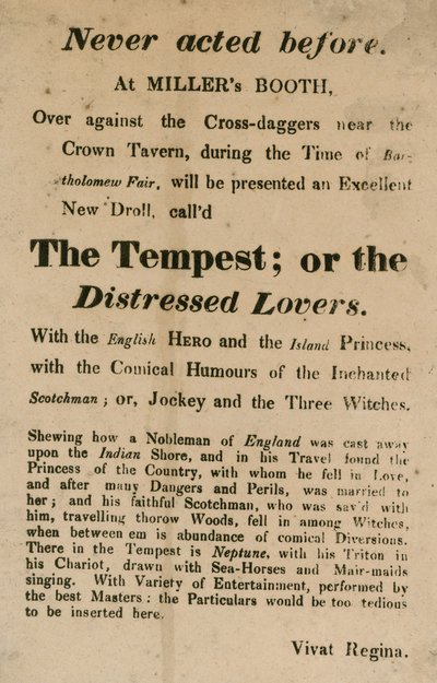 Anuncio de La Tempestad; o, Los amantes afligidos, representada en Millers Booth, Cross Daggers, cerca de la Crown Tavern de English School