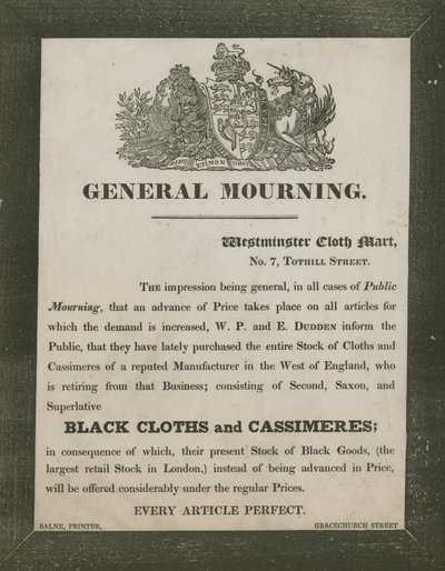 Anuncio de W P y E Dudden, Westminster Cloth Mart, 7 Tothill Street de English School