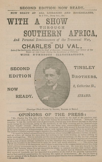 Anuncio para Con un Espectáculo a Través del Sur de África por Charles Du Val de English School