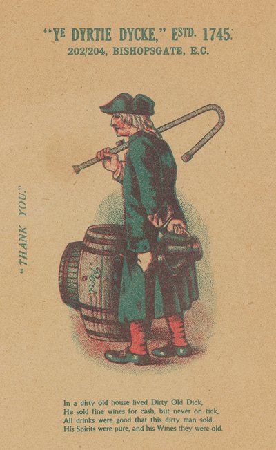 Anuncio para Ye Dyrtie Dycke (Dirty Dick), 202-204 Bishopsgate, Londres de English School