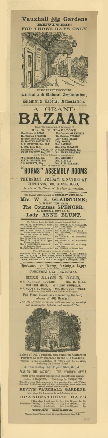 Anuncio de un Gran Bazar en Vauxhall Gardens de English School