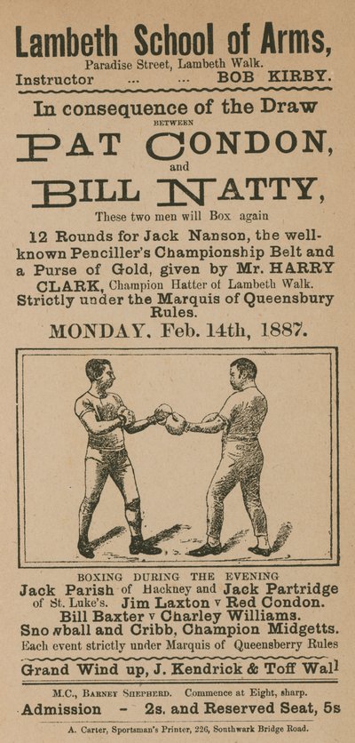 Anuncio para una pelea de boxeo entre Pat Condon y Bill Natty de English School