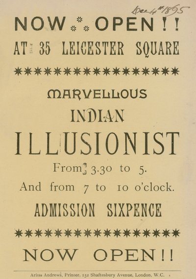 Anuncio de un Ilusionista Indio apareciendo en 35 Leicester Square, Londres de English School
