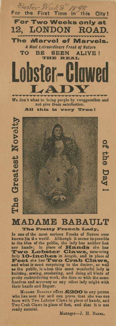 Anuncio de una aparición de Madame Babault, la dama con garras de langosta de English School