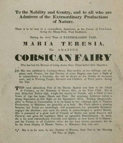 Anuncio de la aparición de Madame Maria Teresia, la Hada Corsa de English School