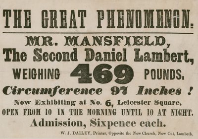 Anuncio de la aparición de Mr. Mansfield, un segundo Daniel Lambert, con un peso de 469 libras de English School