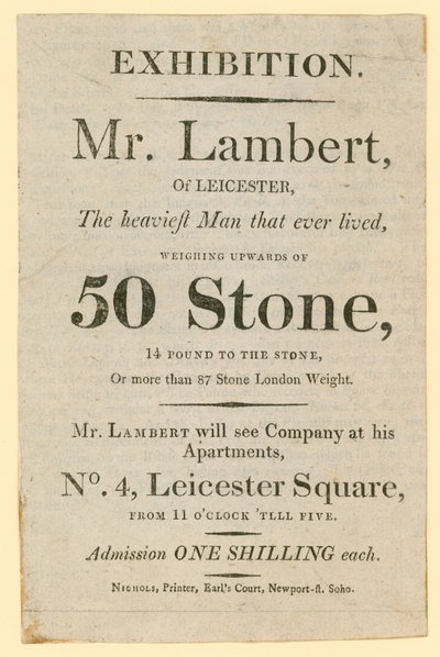 Anuncio de una exposición con Mr Daniel Lambert que pesaba 50 piedras de English School